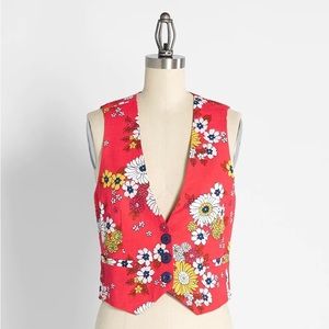 Floral Red Women's Vest - Sleeveless Button-Front Jacket